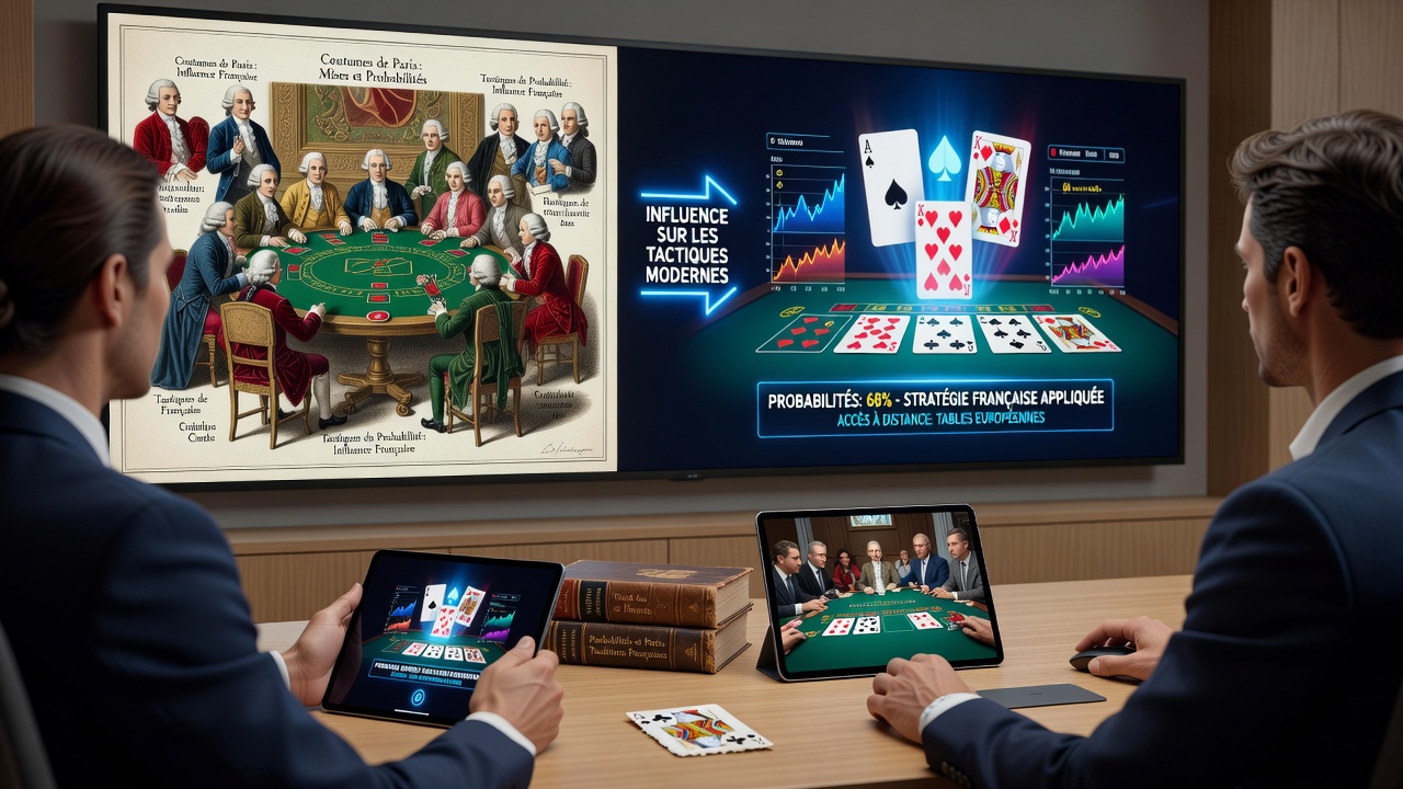Split view of traditional French roulette wheel beside digital probability dashboard used in European card rooms